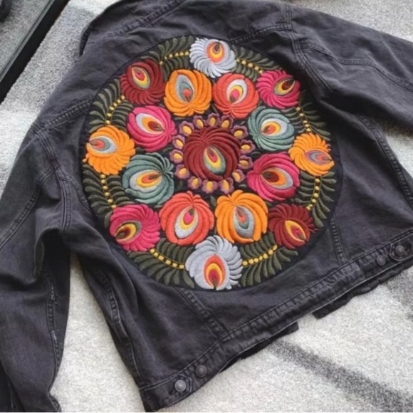 SOLD OUT Boho Embroidered Floral Black Denim Jacket - Picture 4 of 8